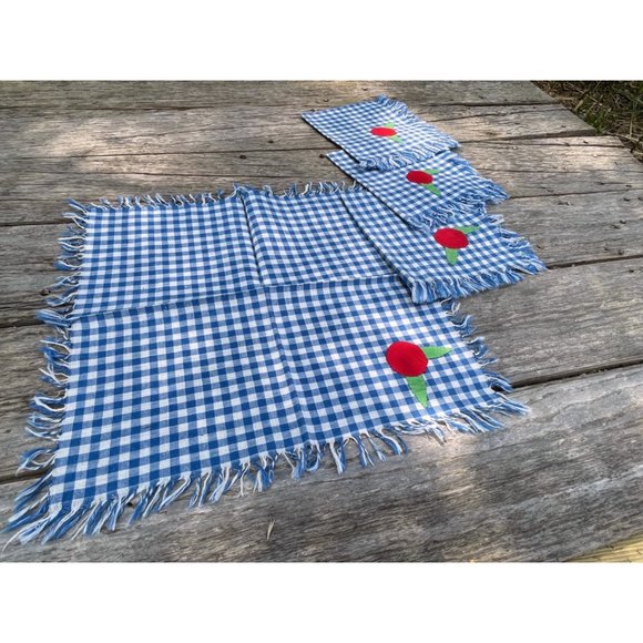 Vintage 1930s Blue Check Applique Fruit Napkins Set of 4 - Picture 6 of 10